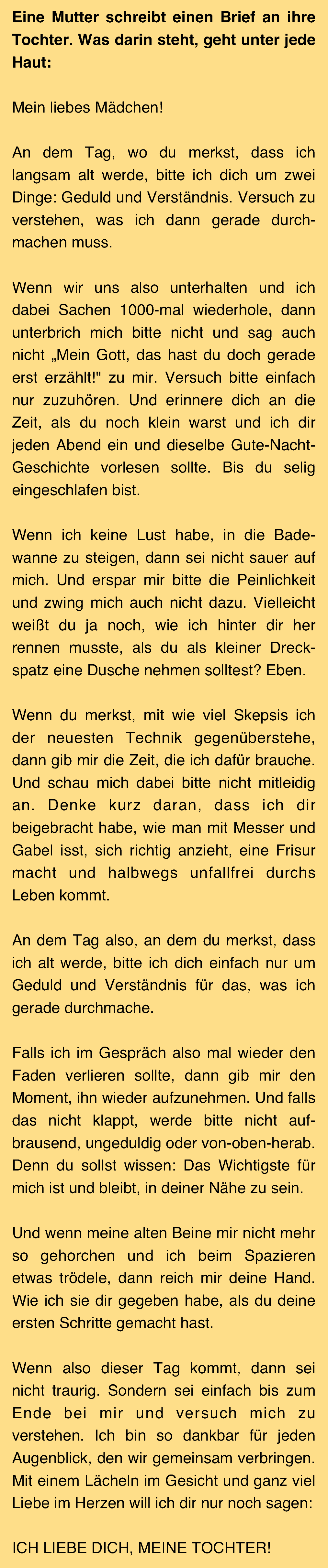 Ergreifender Mutter Tochter Brief über das Altwerden.