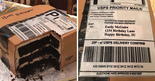 Ehemann schenkt seiner vom Online Shopping besessenen Frau einen Kuchen in Form eines Lieferpakets