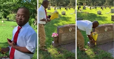 Liebevolle Teenager mit Behinderung besucht den Grabstein seiner verstorbenen Mutter, um ihr zu sagen:  Ich habe es geschafft. Ich habe meinen Abschluss gemacht 