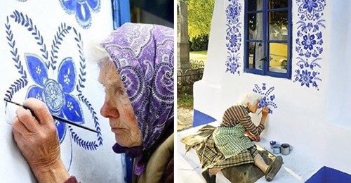 90 jährige Frau verwandelte kleines Dorf in ihre eigene Kunstgalerie, indem sie auf alle Häuser Blumenmuster malte