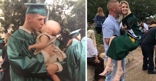 Vater und Tochter stellen 18 Jahre später Foto von Abschlussfeier nach – und viele stellen sich nur die eine Frage